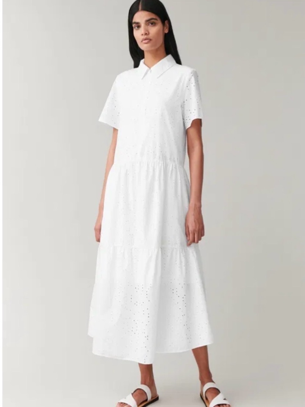 COS White Eyelet Zip-Front Midi Shirt Dress size 6